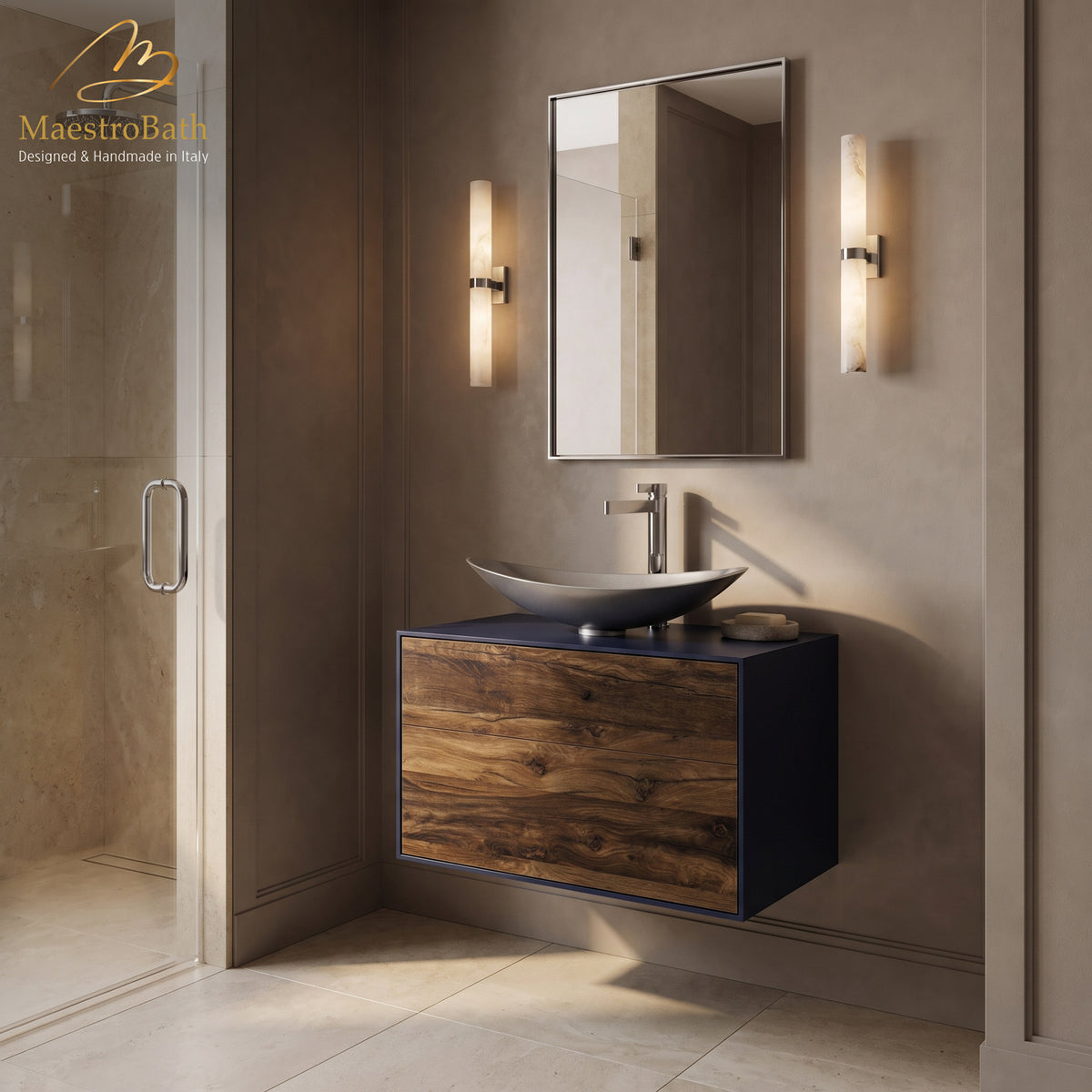 Wood bathroom vanity, shown in midnight blue and mocca, 32 inch wide, made of solid wood