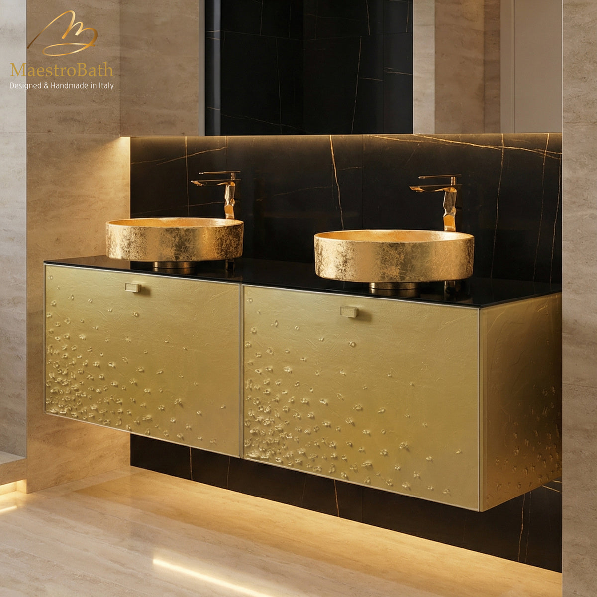 Luxury Crystal Wallmount Bathroom Double Vanity, shown in gold, made of wood clad in Murano glass #color_gold