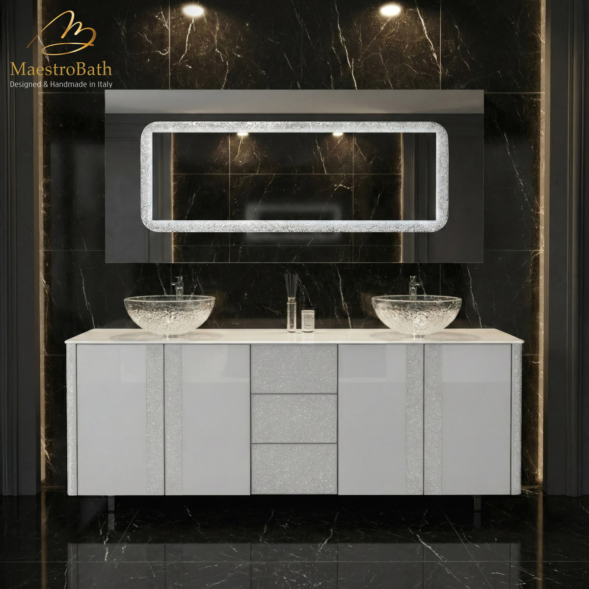 Princess Luxury Crystal Vetro Double Vanity, made of wood clad in Murano glass
