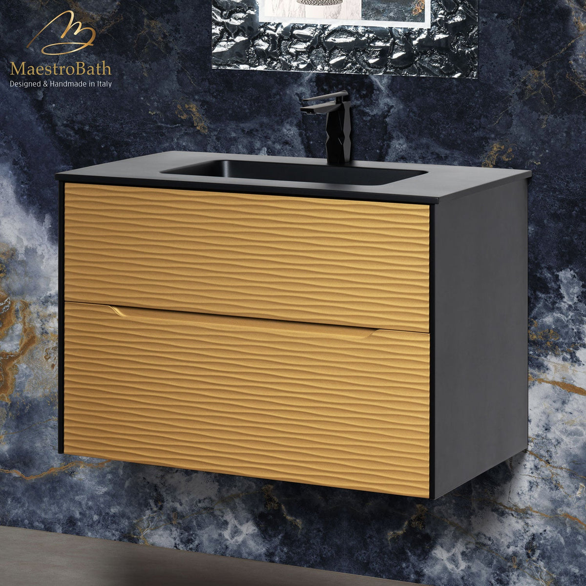Modern Integrated Bathroom Vanity, shown in black and gold, made of solid wood