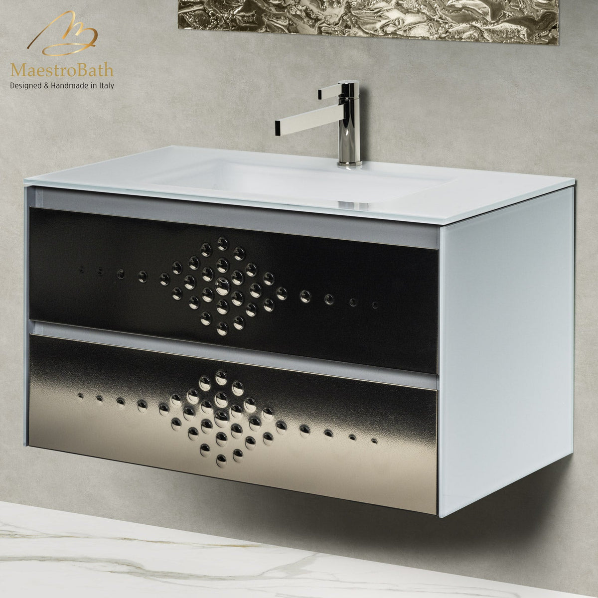 Luxury Wallmount Bathroom Vanity, shown in bronze, made of solid wood