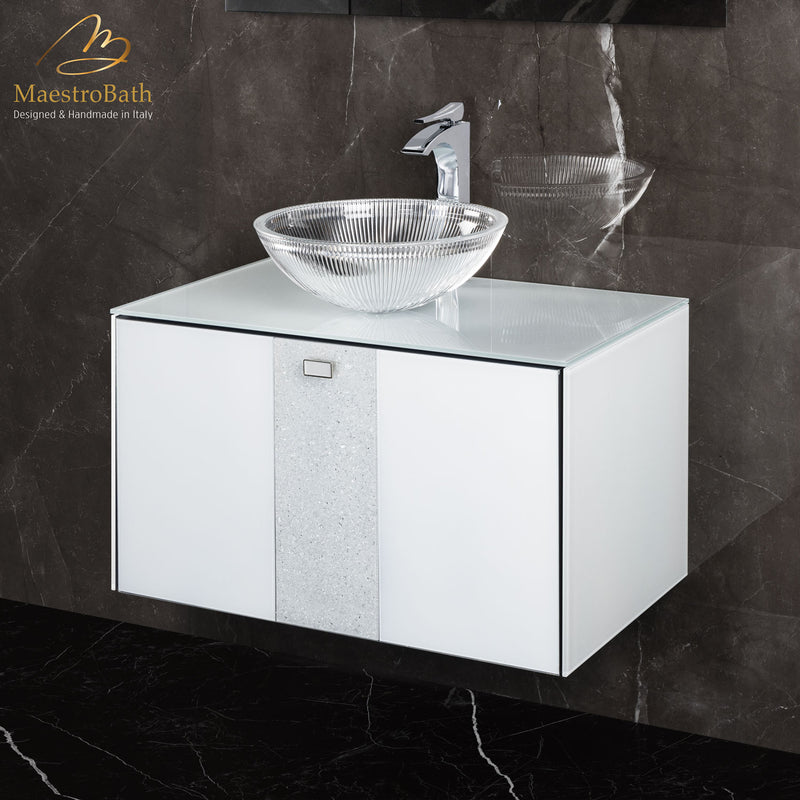 Luxury Crystal Glass Wallmount Bathroom Vanity | White