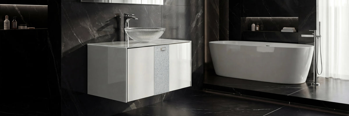 Luxury crystal glass wall-mount bathroom vanity in white, 32 inch, by MaestroBath