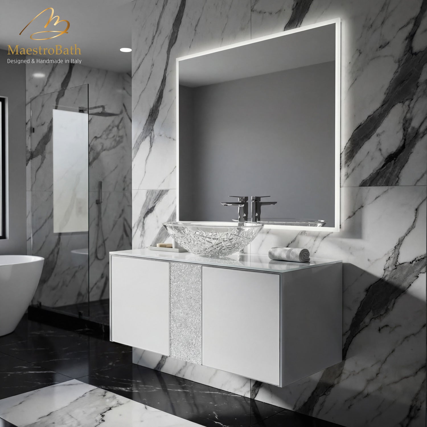 Luxury Crystal Glass Wallmount Bathroom Vanity | White #Size_36"