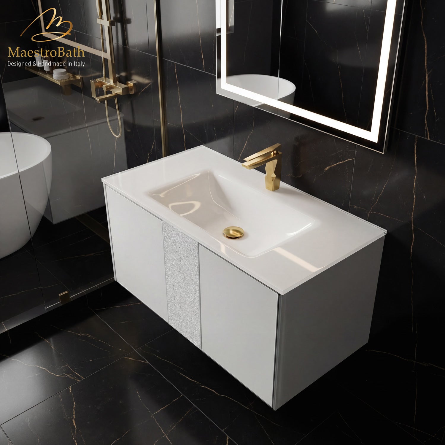 Luxury Crystal Glass Wallmount Bathroom Vanity | White #Size_36"