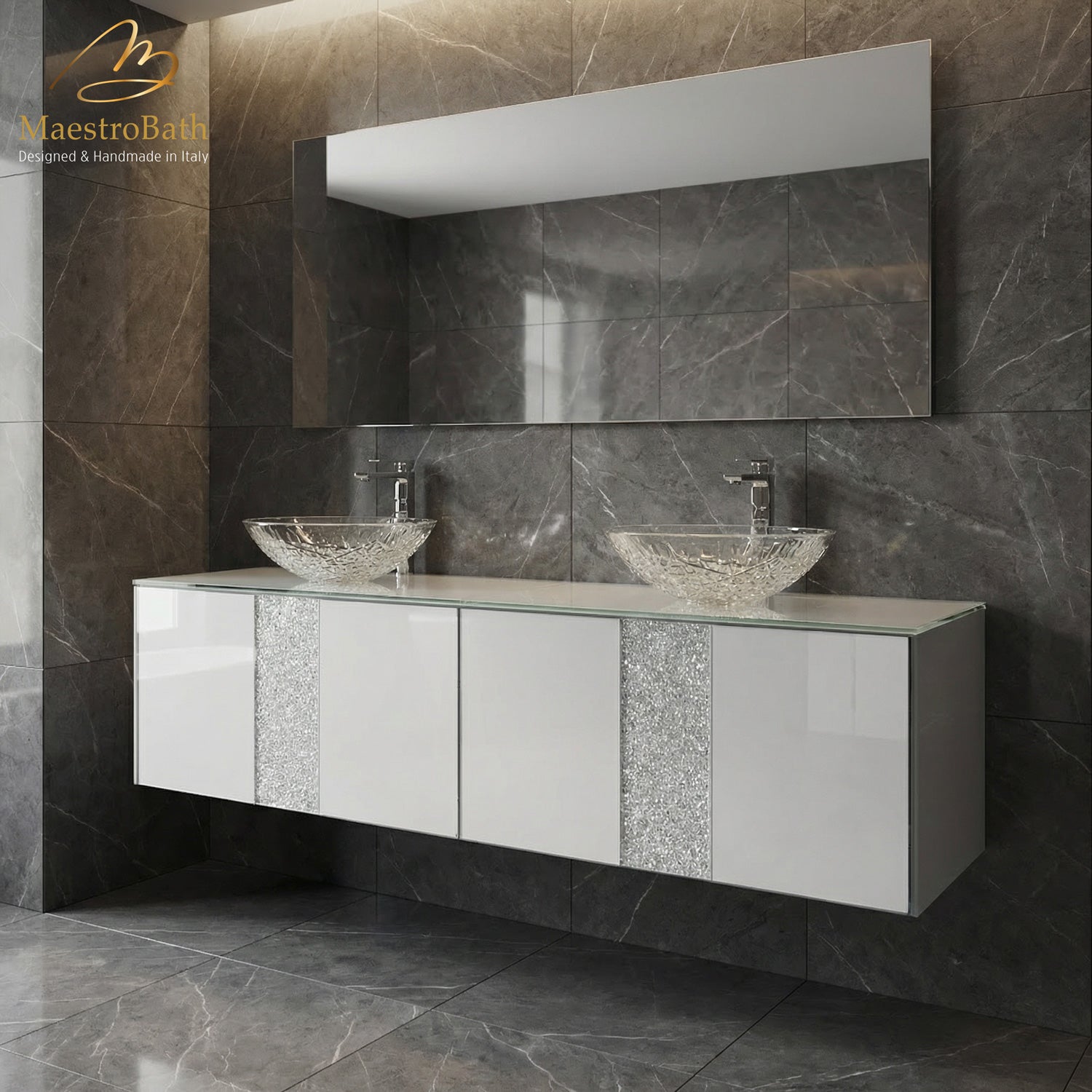 Luxury Crystal Glass Wallmount Bathroom Double Vanity | White #size_72"