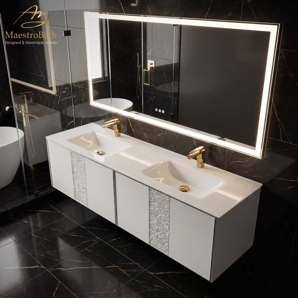 Luxury Crystal Glass Wallmount Bathroom Double Vanity, shown in black, made of wood clad in Murano glass #size_72"