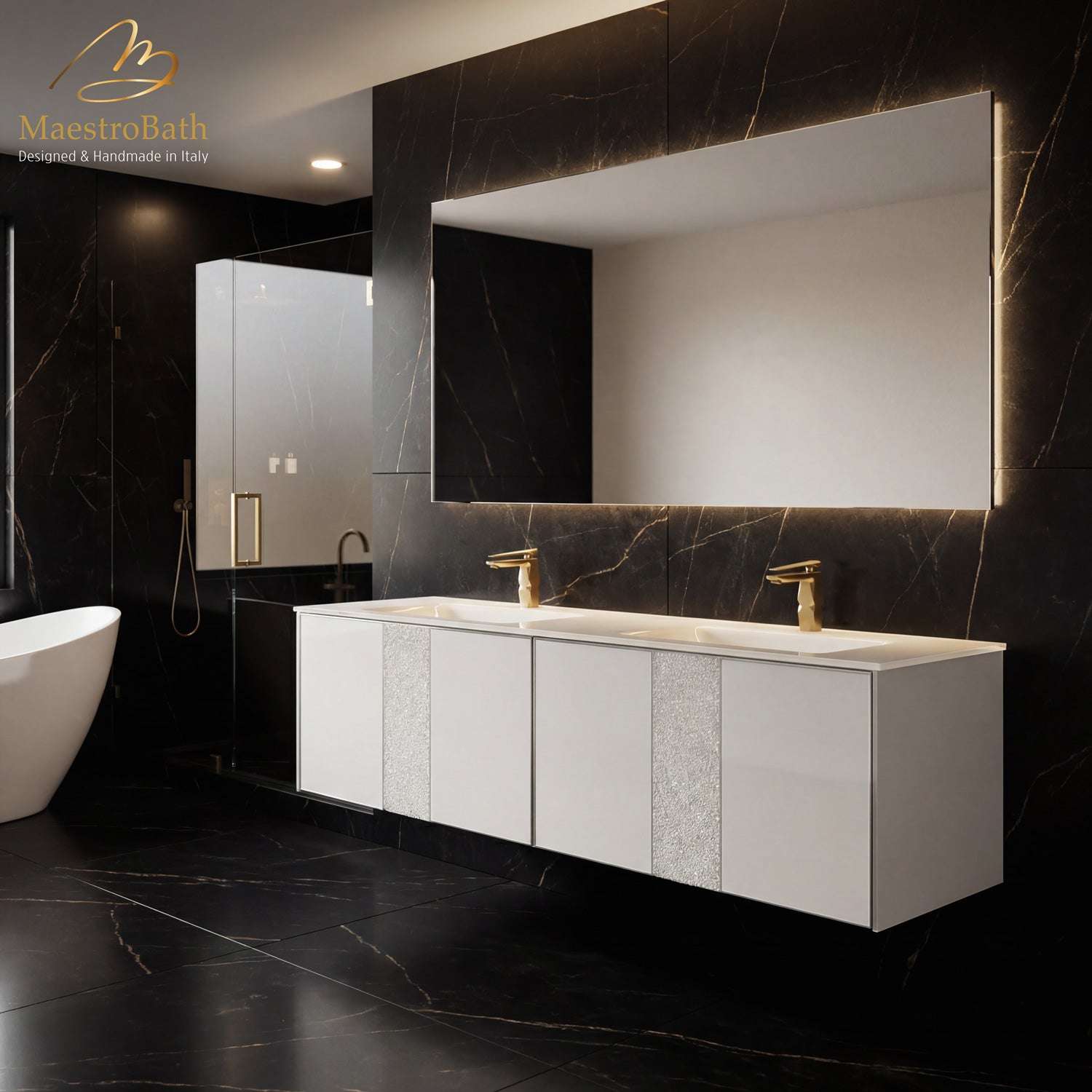 Luxury Crystal Glass Wallmount Bathroom Double Vanity | White #size_72"