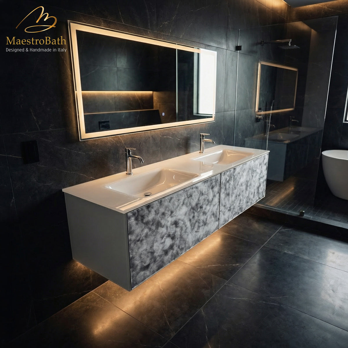 Designer Murano Glass Wallmount Bathroom Double Vanity, shown in black and silver, made of wood clad in Murano glass #size_72"