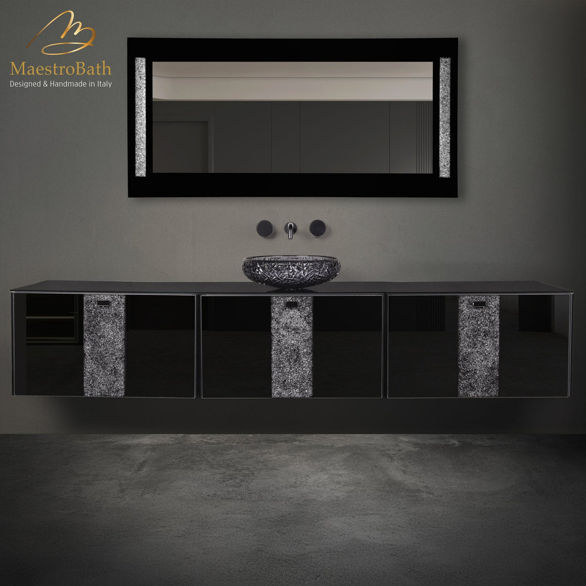 Luxury Crystal Glass Wallmount Triple Vanity, made of wood clad in Murano glass #color_black