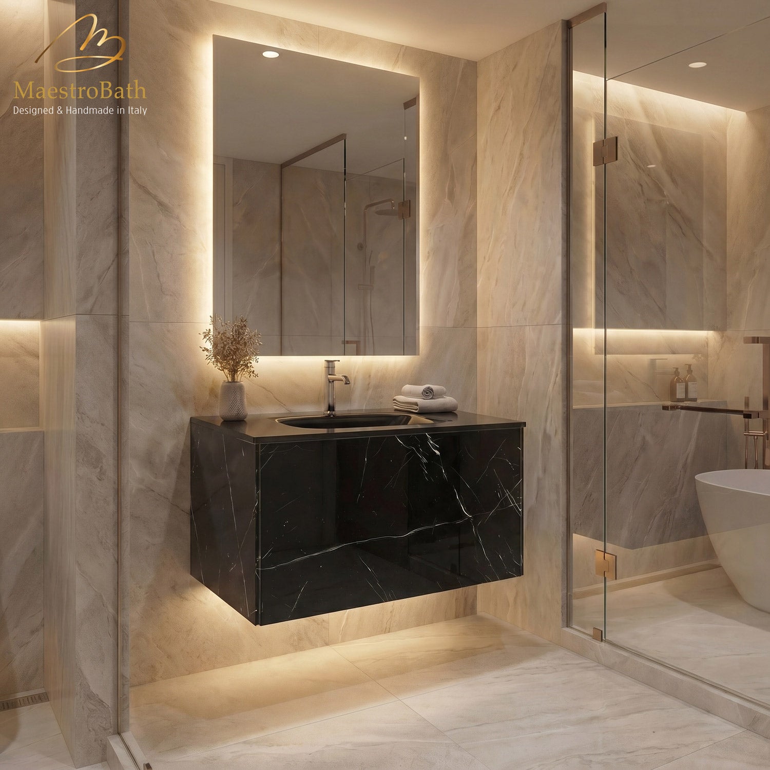 Luxury Nero Marquina Glass Bathroom Vanity