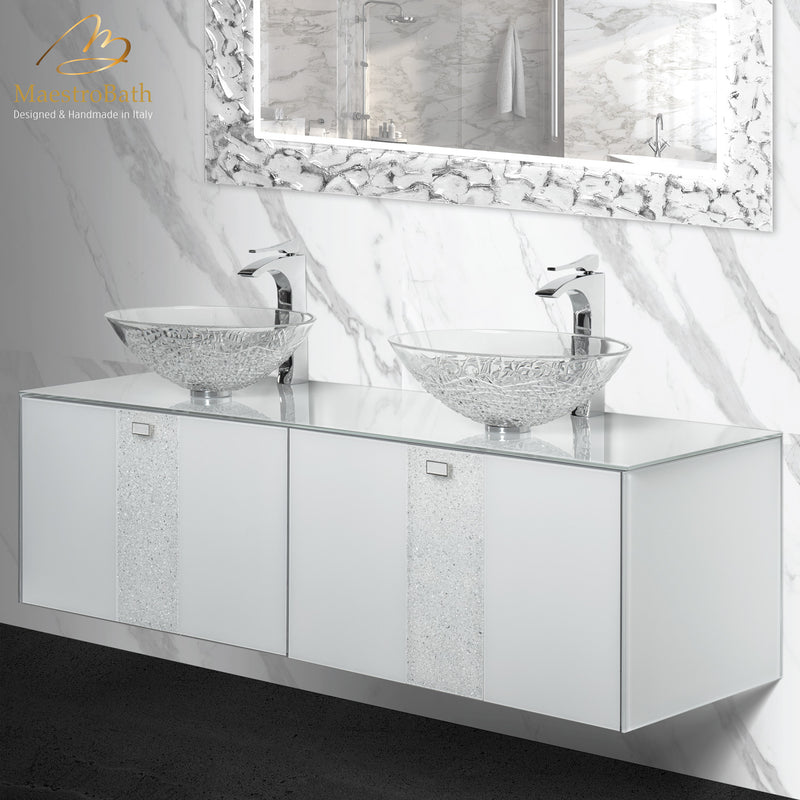 Luxury Crystal Glass Wallmount Bathroom Double Vanity | White