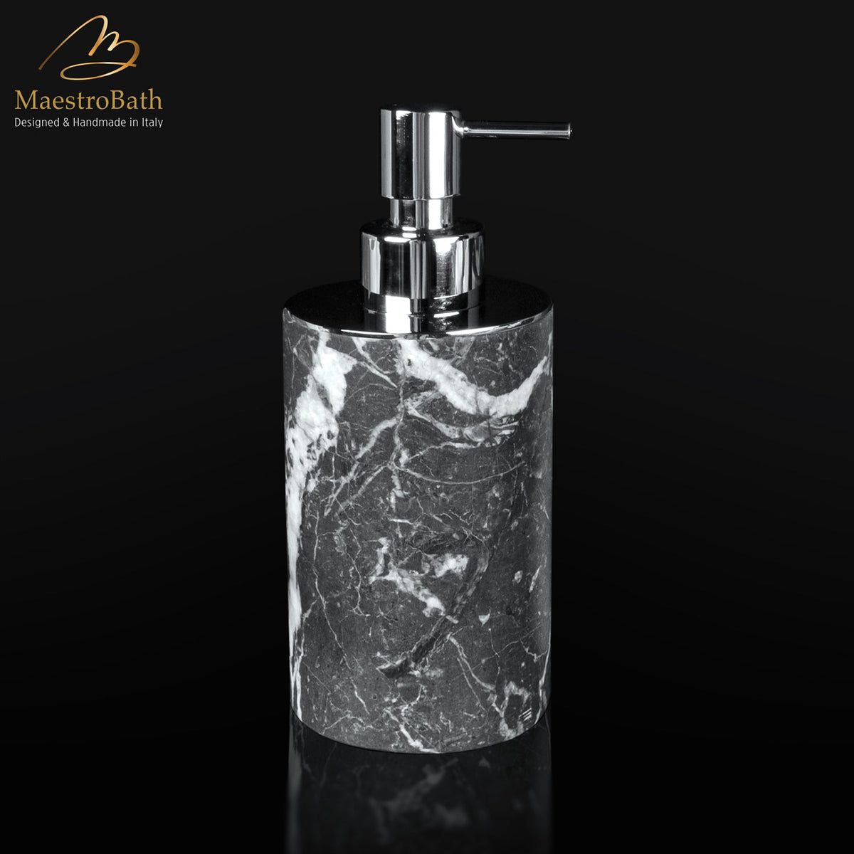 Steel and marble soap dispenser, shown in black and chrome, 2.6 inch by 2.6 inch by 6.4 inch