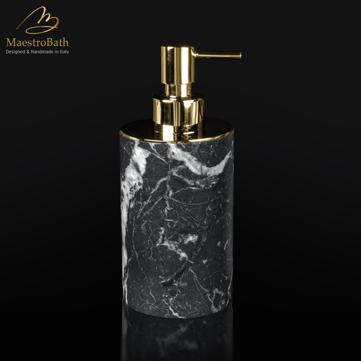 Steel and marble soap dispenser, shown in black and gold, 2.6 inch by 2.6 inch by 6.4 inch