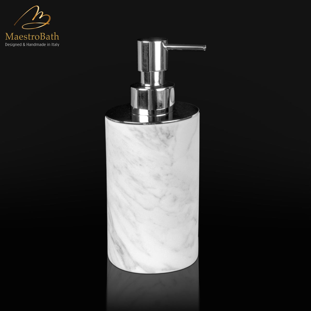 Steel and marble soap dispenser, shown in white and chrome, 2.6 inch by 2.6 inch by 6.4 inch