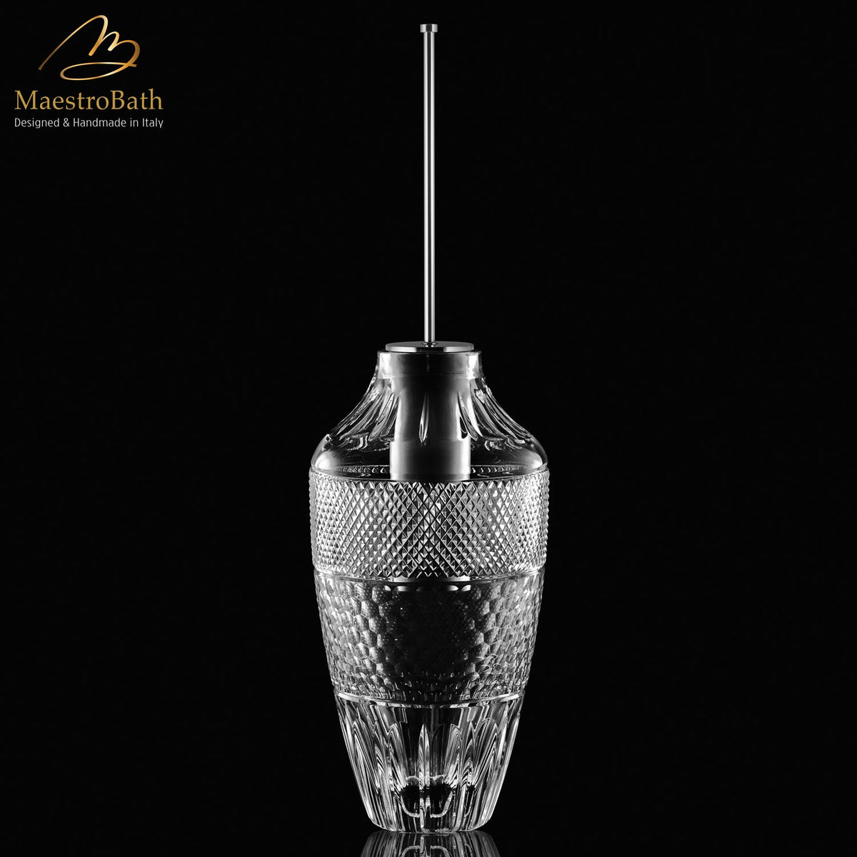 Hive Lux XL Brush Holder, shown in clear and chrome, 9 inch by 9 inch by 28.9 inch