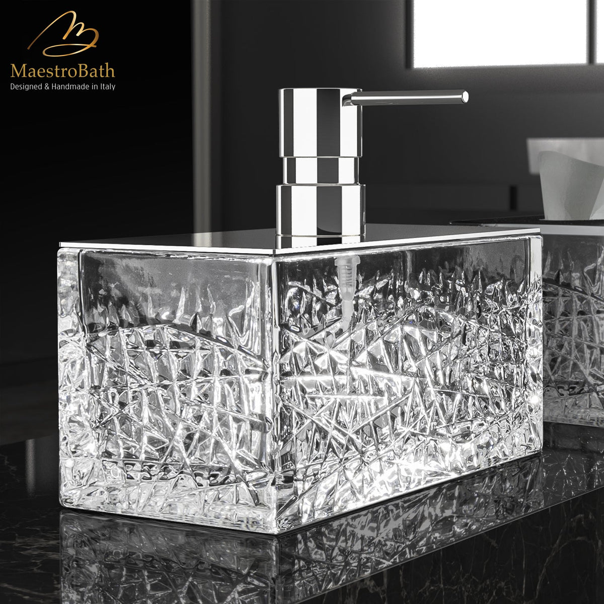 Crystal soap dispenser, shown in clear and chrome, 8.8 inch by 5 inch by 6.7 inch