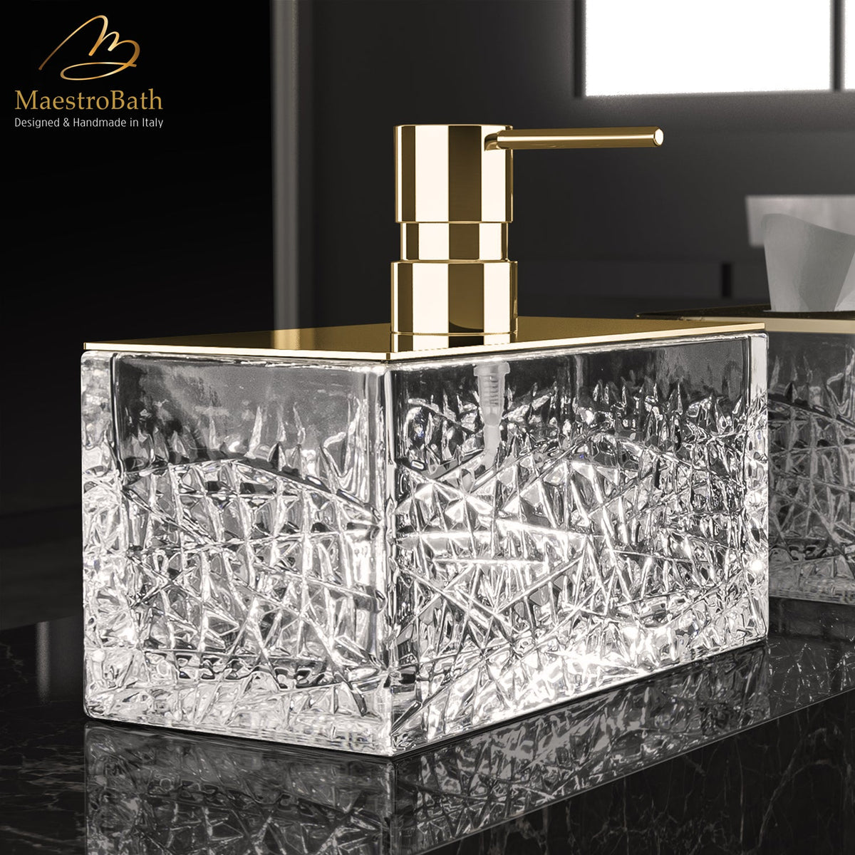 Crystal soap dispenser, shown in clear and gold, 8.8 inch by 5 inch by 6.7 inch