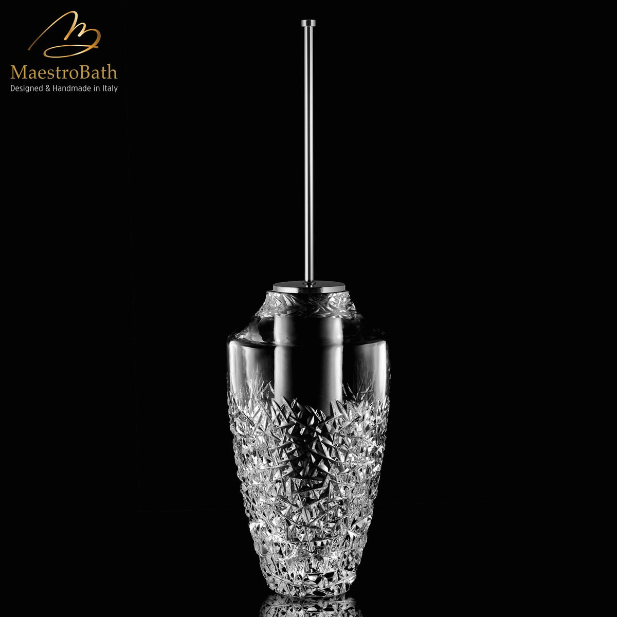 Crystal toilet brush holder, shown in clear and chrome, 7 inch by 7 inch by 25 inch
