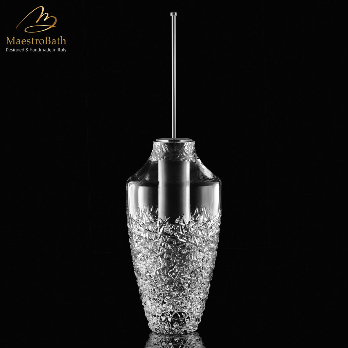 Crystal toilet brush holder, shown in clear and chrome, 9 inch by 9 inch by 28.9 inch