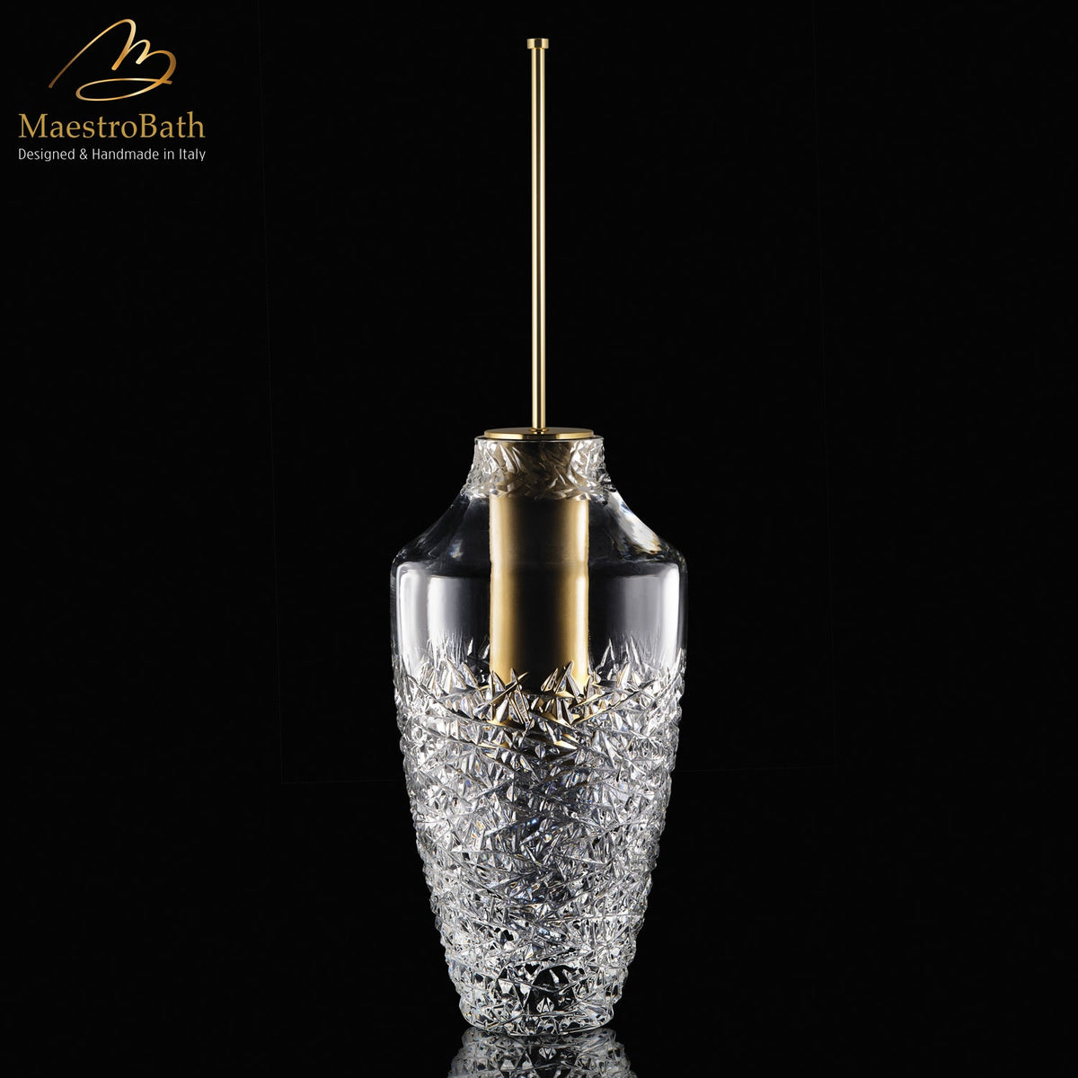 Crystal toilet brush holder, shown in clear and gold, 9 inch by 9 inch by 28.9 inch
