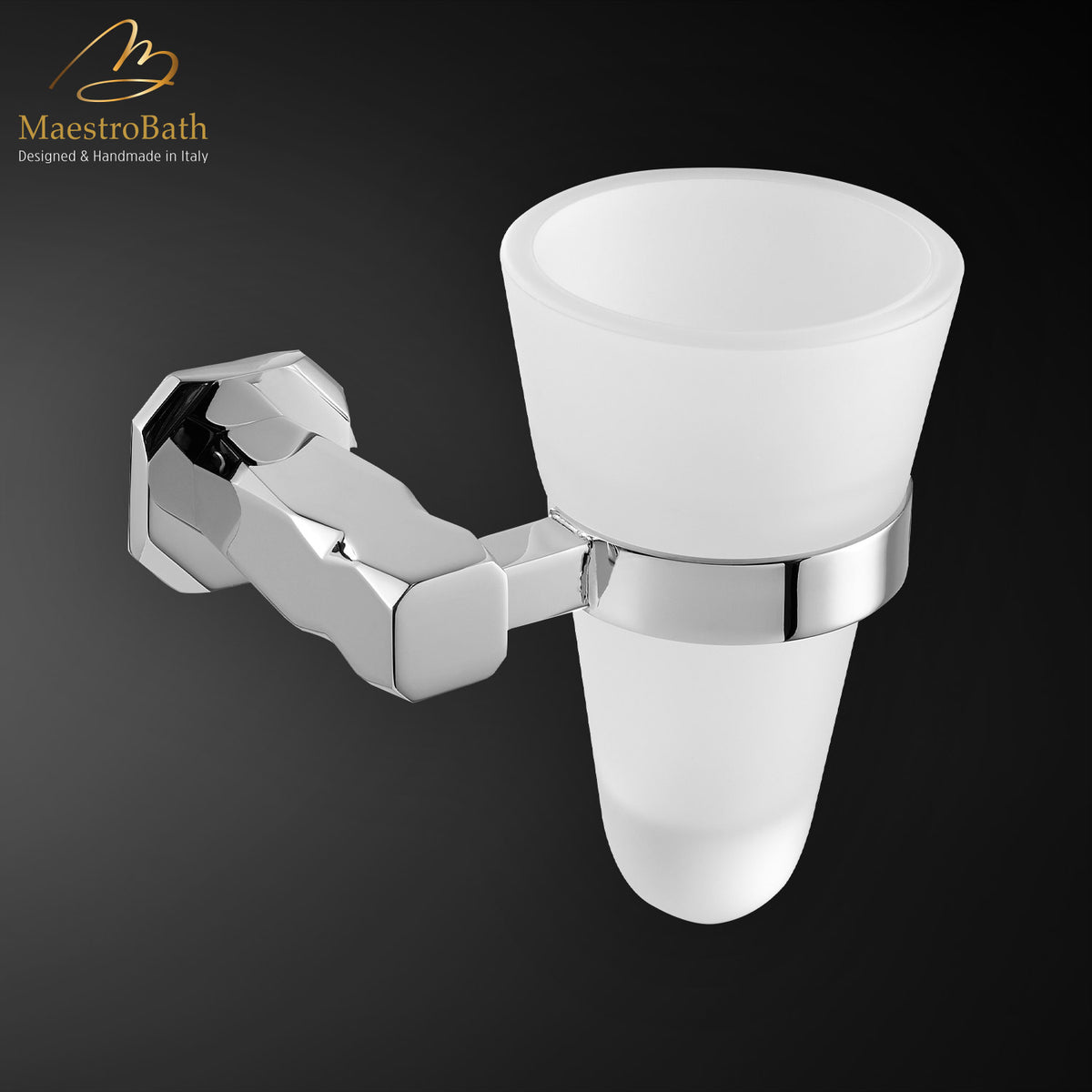 Wall mounted brass tumbler holder, shown in polished chrome, 3.5 inch by 2.8 inch by 4.7 inch, made of solid brass