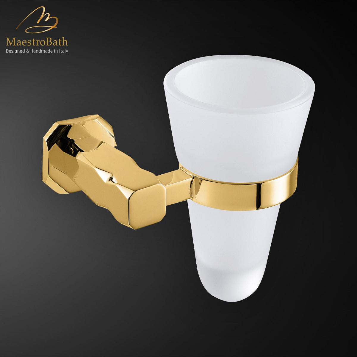 Wall mounted brass tumbler holder, shown in polished gold, 3.5 inch by 2.8 inch by 4.7 inch, made of solid brass