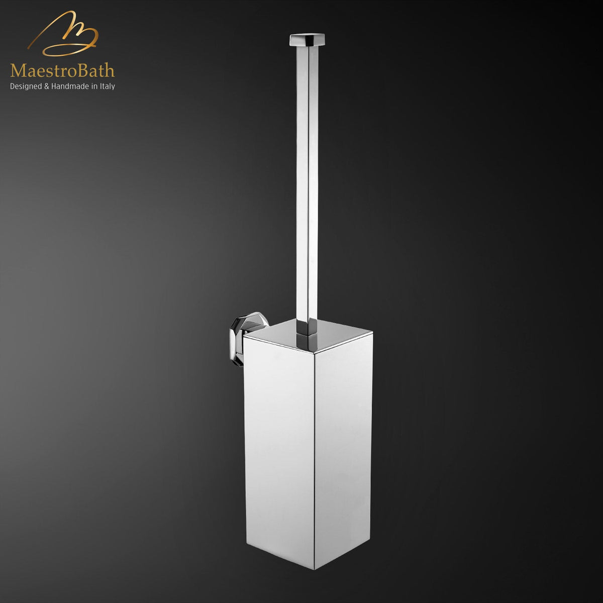 Brass toilet brush holder, shown in polished chrome, 2.7 inch by 2.7 inch by 15.7 inch, made of solid brass