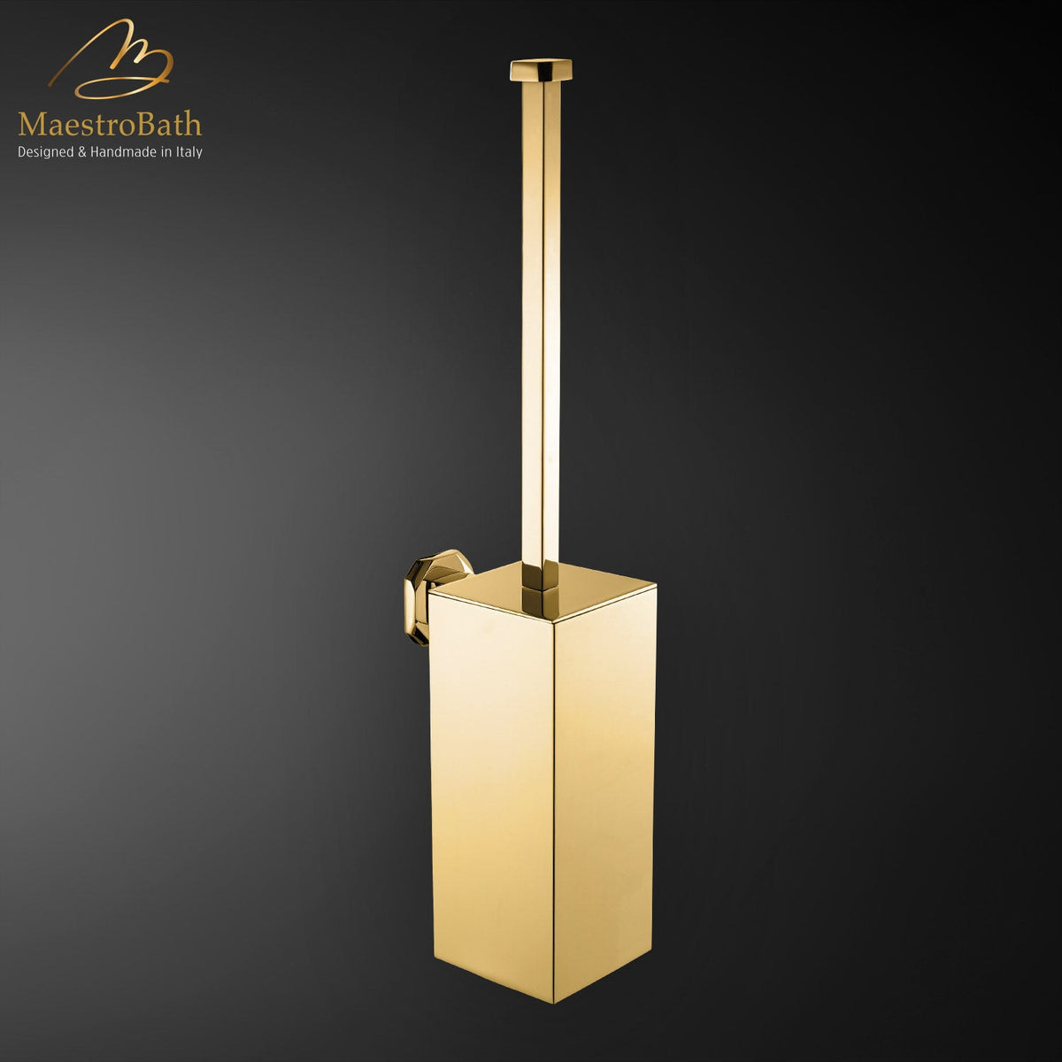 Brass toilet brush holder, shown in polished gold, 2.7 inch by 2.7 inch by 15.7 inch, made of solid brass