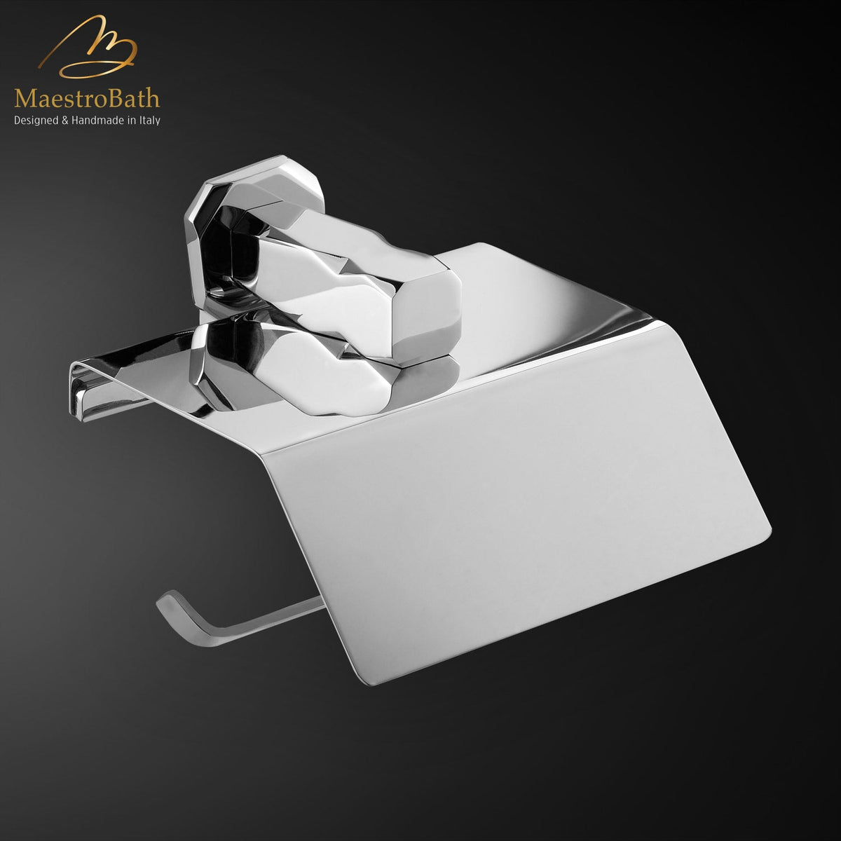 Wall mounted brass toilet paper holder, shown in polished chrome, 5.1 inch by 3.7 inch by 4.7 inch, made of solid brass