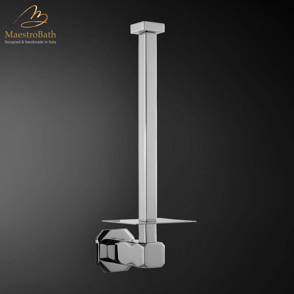 Wall mounted brass toilet paper holder, shown in polished chrome, 1.5 inch by 1.5 inch by 8.1 inch, made of solid brass
