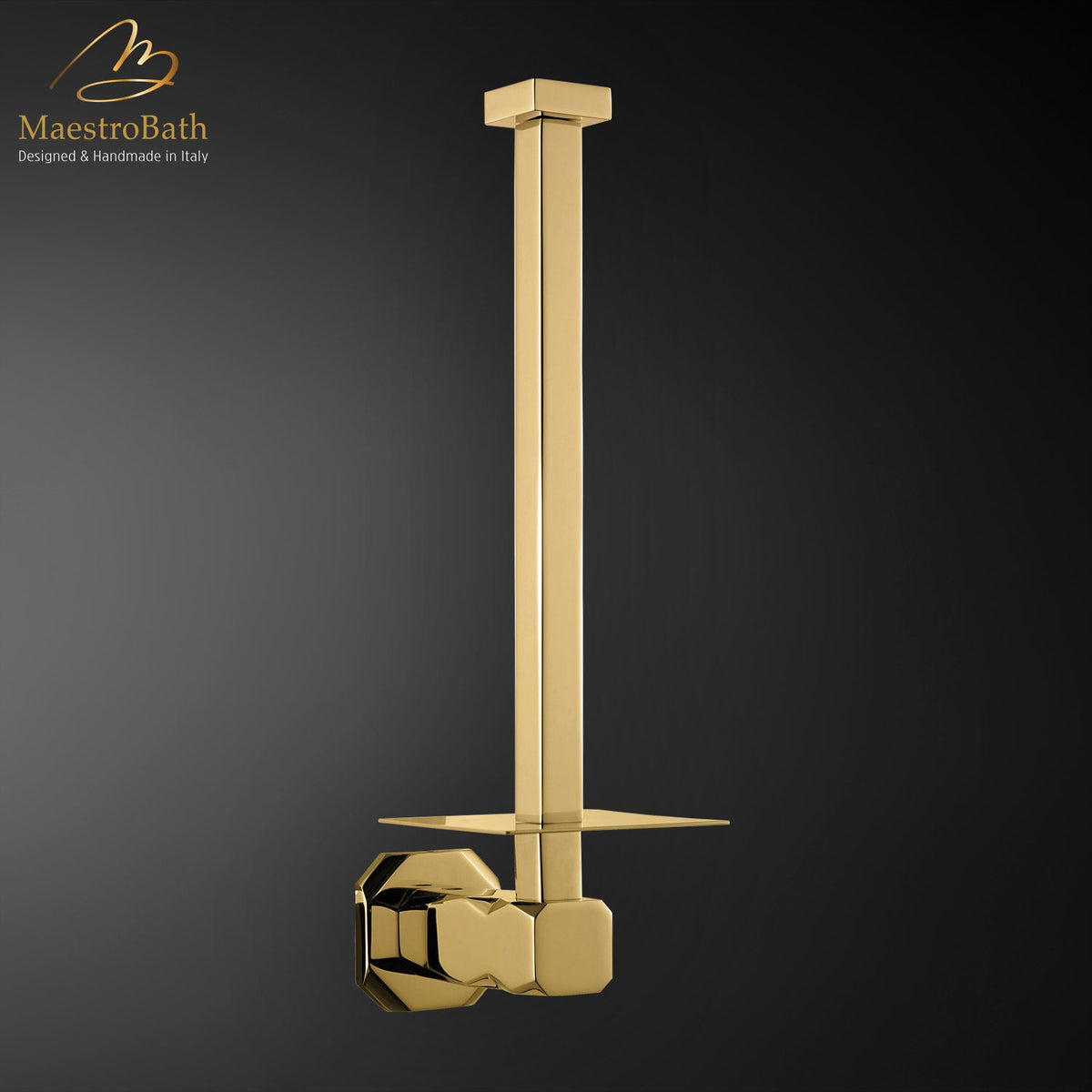 Wall mounted brass toilet paper holder, shown in polished gold, 1.5 inch by 1.5 inch by 8.1 inch, made of solid brass