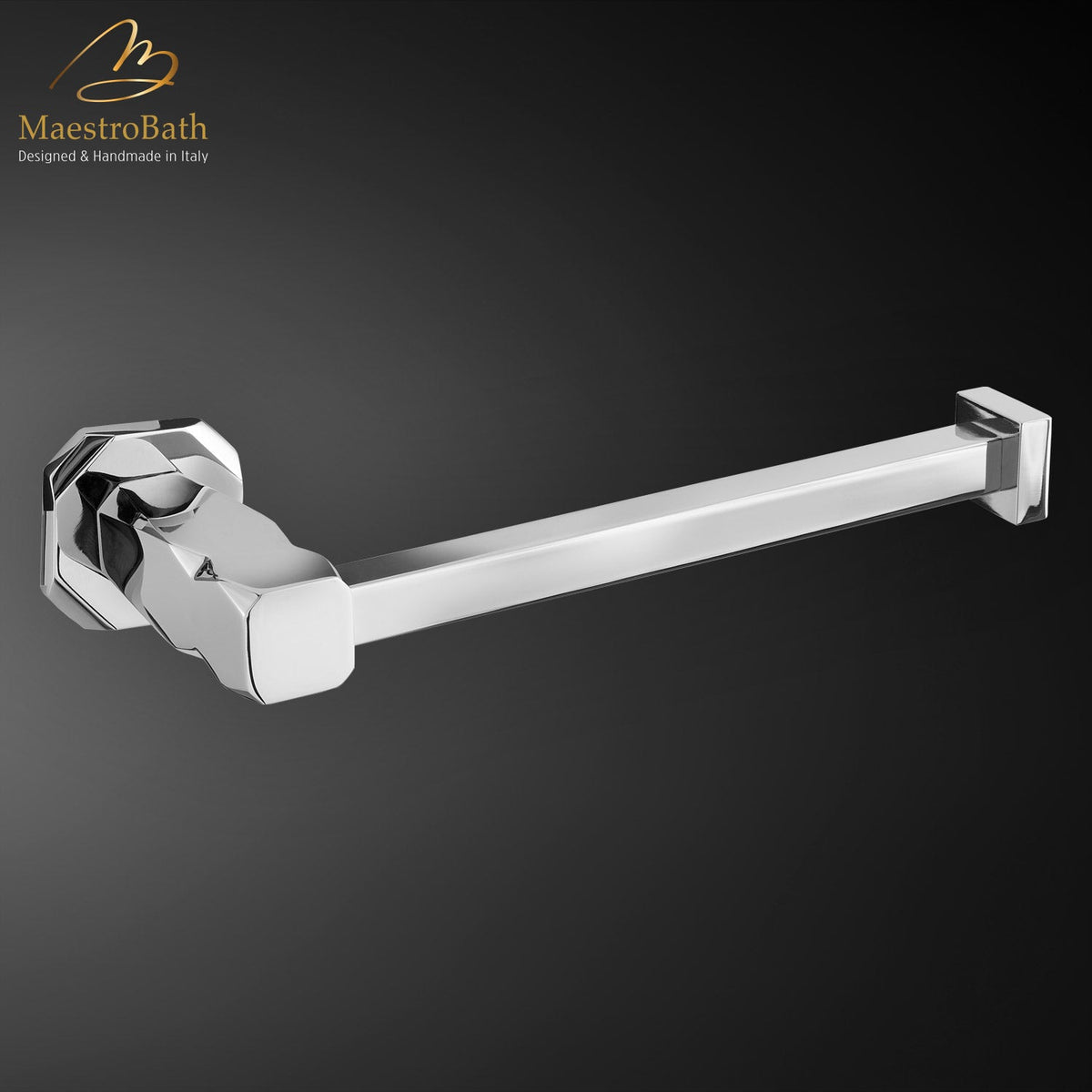 Wall mounted brass toilet paper holder, shown in polished chrome, 1.5 inch by 1.5 inch by 7.9 inch, made of solid brass