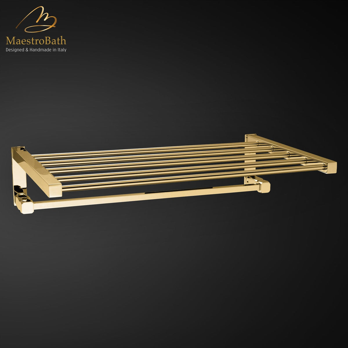 Brass freestanding towel stand, shown in polished gold, 18.7 inch by 7.3 inch by 11.8 inch, made of solid brass
