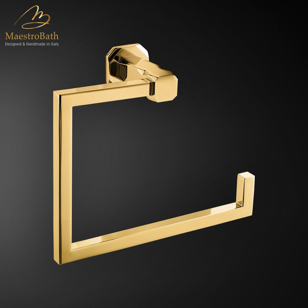 Wall mounted brass towel ring, shown in polished gold, 7.8 inch by 2.8 inch by 5.9 inch, made of solid brass