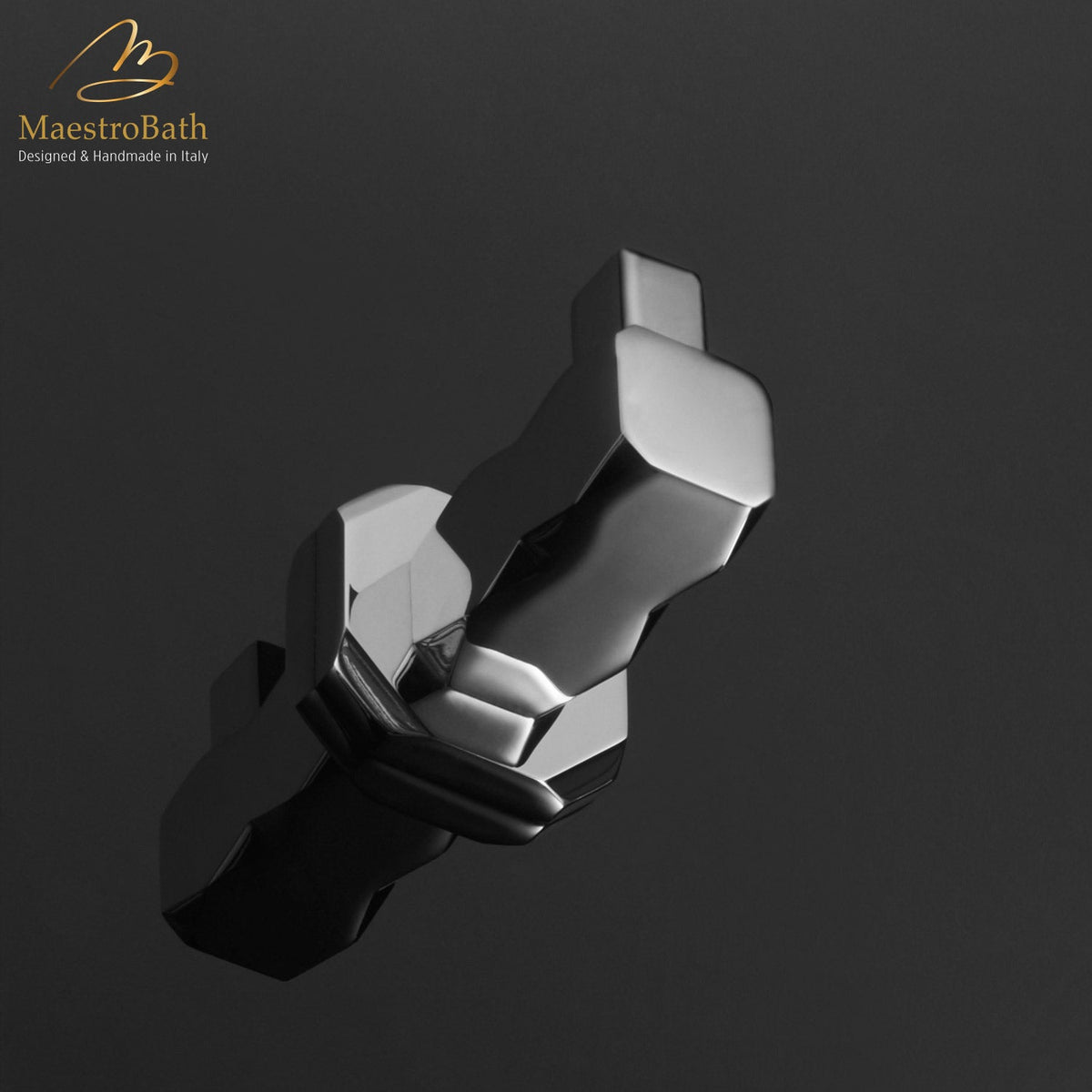 Wall mounted brass robe hook, shown in polished chrome, 1.5 inch by 1.5 inch by 2.8 inch, made of solid brass