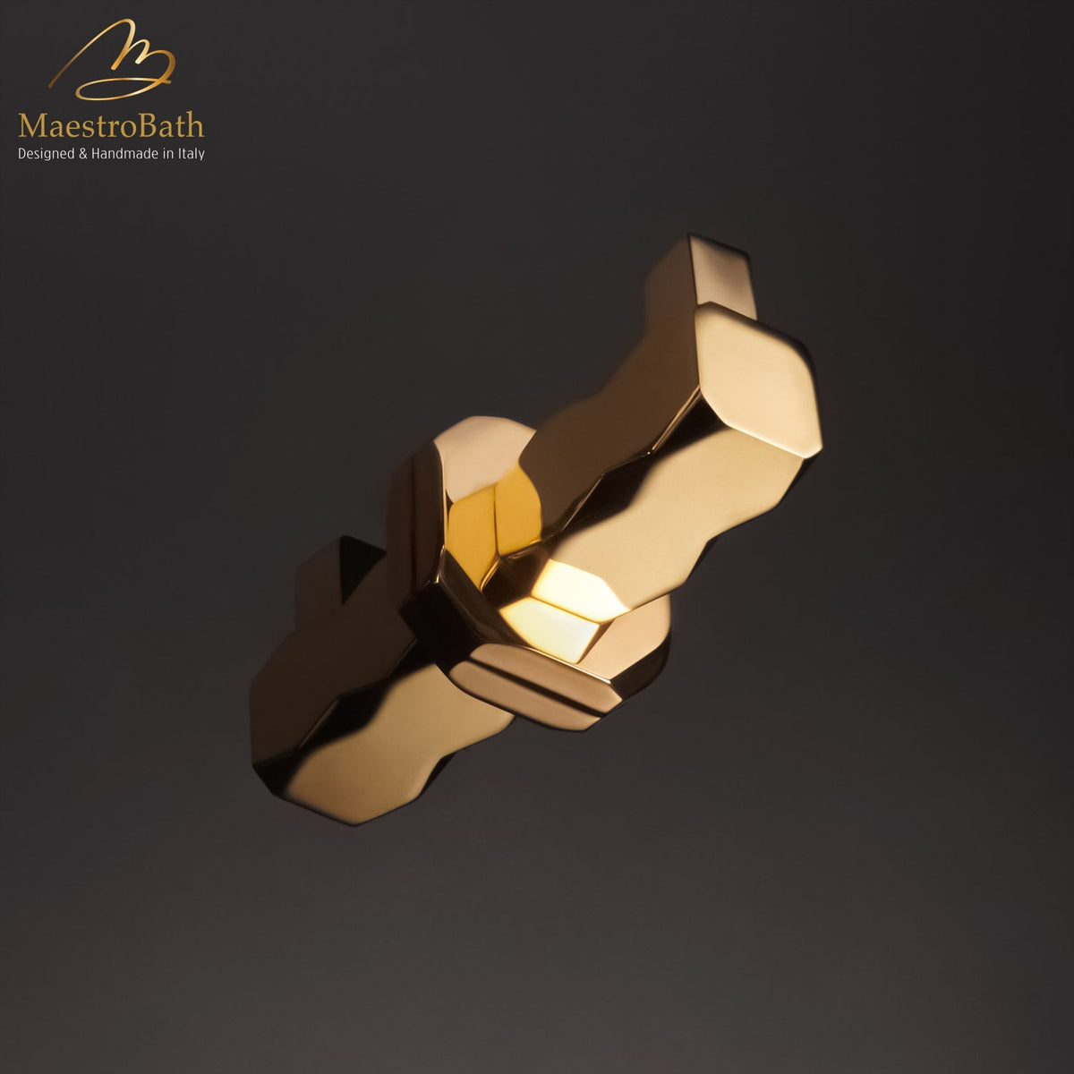 Wall mounted brass robe hook, shown in polished gold, 1.5 inch by 1.5 inch by 2.8 inch, made of solid brass