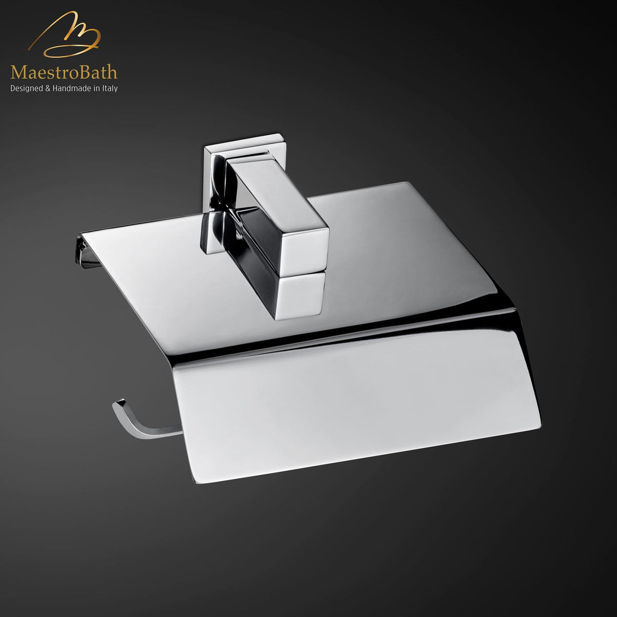 Wall mounted brass toilet paper holder, shown in polished chrome, 3 inch by 5.1 inch by 5.1 inch, made of solid brass
