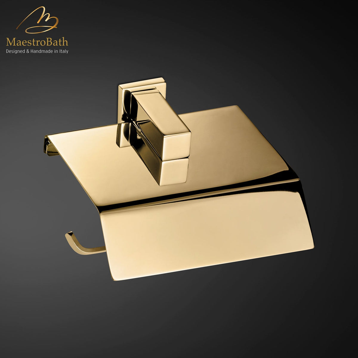 Wall mounted brass toilet paper holder, shown in polished gold, 3 inch by 5.1 inch by 5.1 inch, made of solid brass