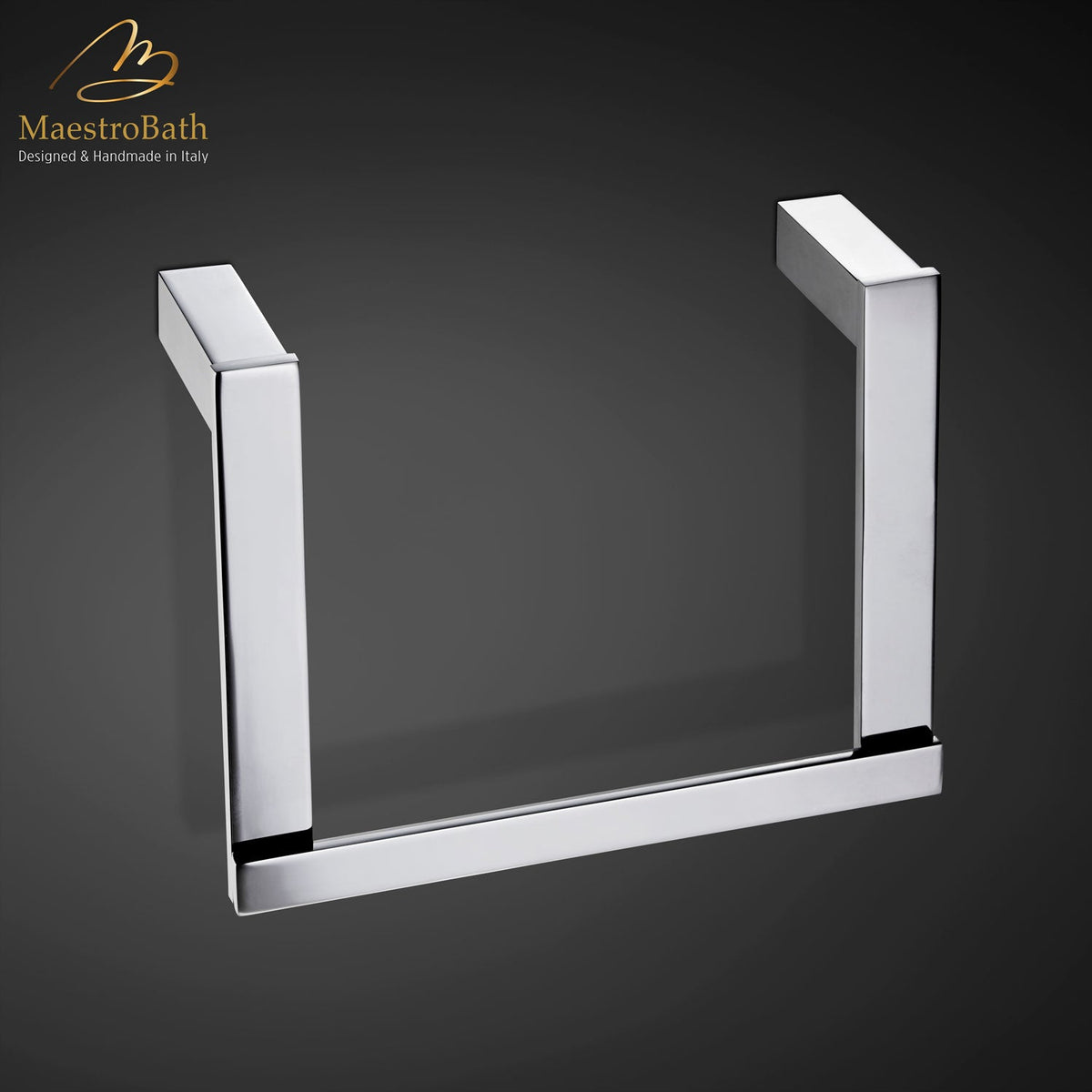 Wall mounted brass towel ring, shown in polished chrome, 7 inch by 5.5 inch by 2.5 inch, made of solid brass