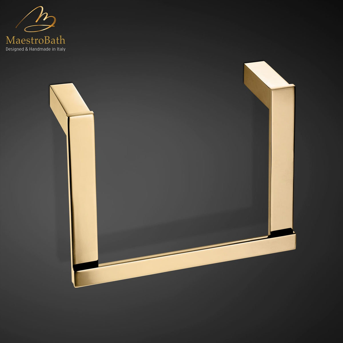 Wall mounted brass towel ring, shown in polished gold, 7 inch by 5.5 inch by 2.5 inch, made of solid brass