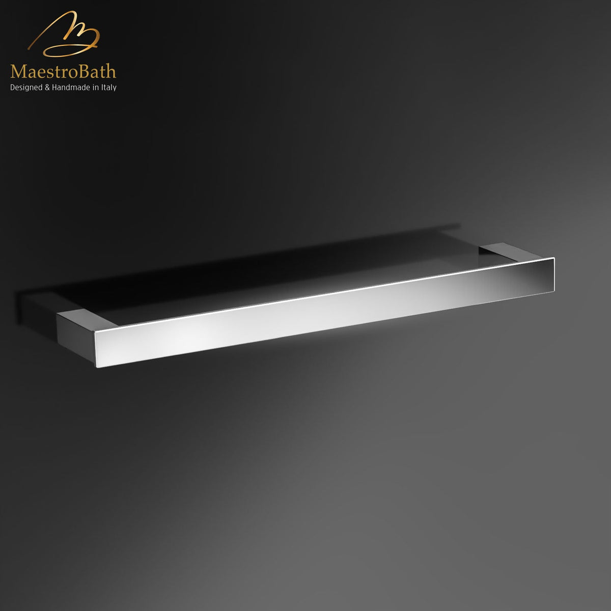 Wall mounted brass towel bar, shown in polished chrome, 11.8 inch long and 2.3 inch deep, made of solid brass