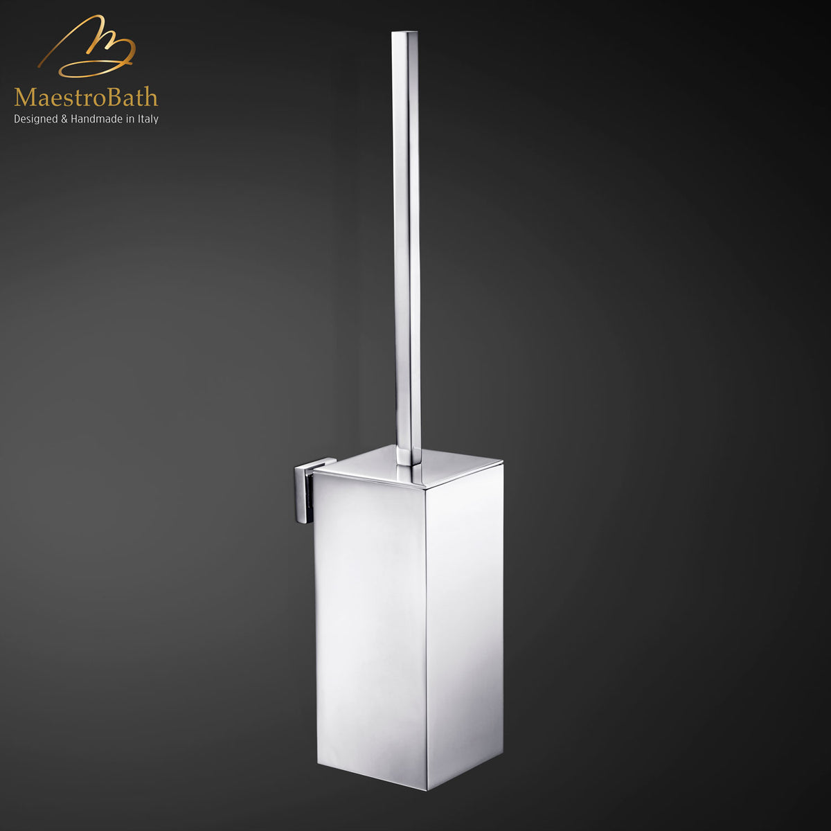 Brass toilet brush holder, shown in polished chrome, 14.6 inch by 2.7 inch by 3.8 inch, made of solid brass