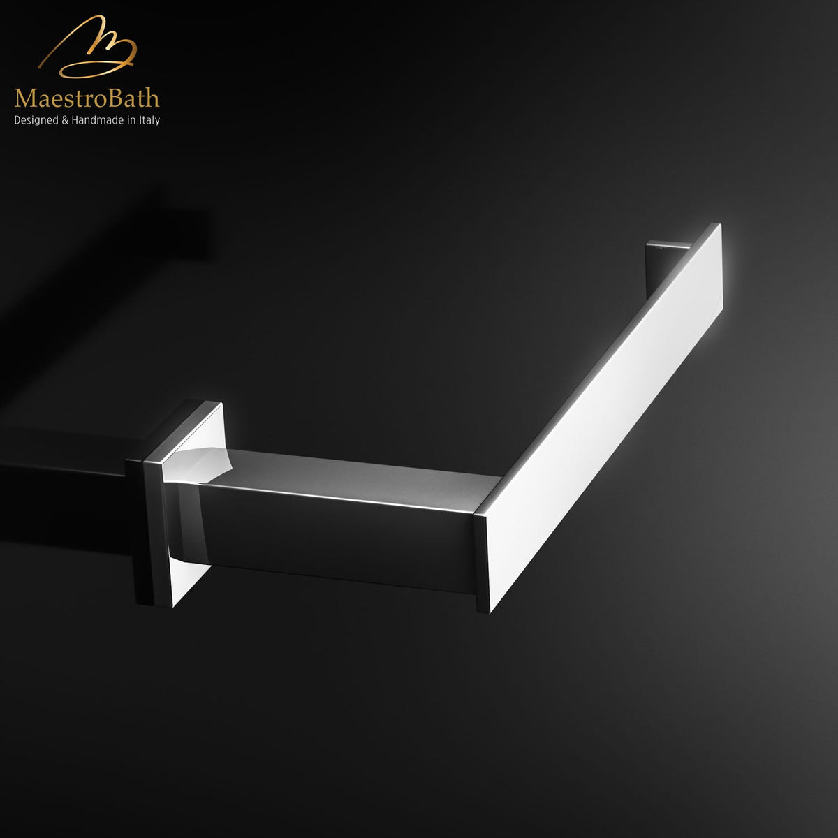 Wall mounted brass toilet paper holder, shown in polished chrome, 6.1 inch by 1.1 inch by 2.5 inch, made of solid brass