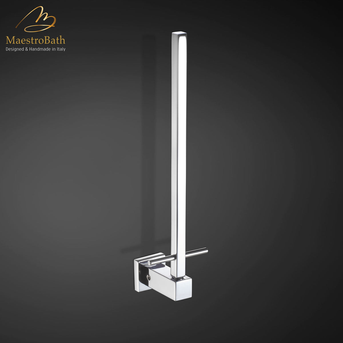 Wall mounted brass toilet paper holder, shown in polished chrome, 9.4 inch by 2.3 inch by 2.6 inch, made of solid brass