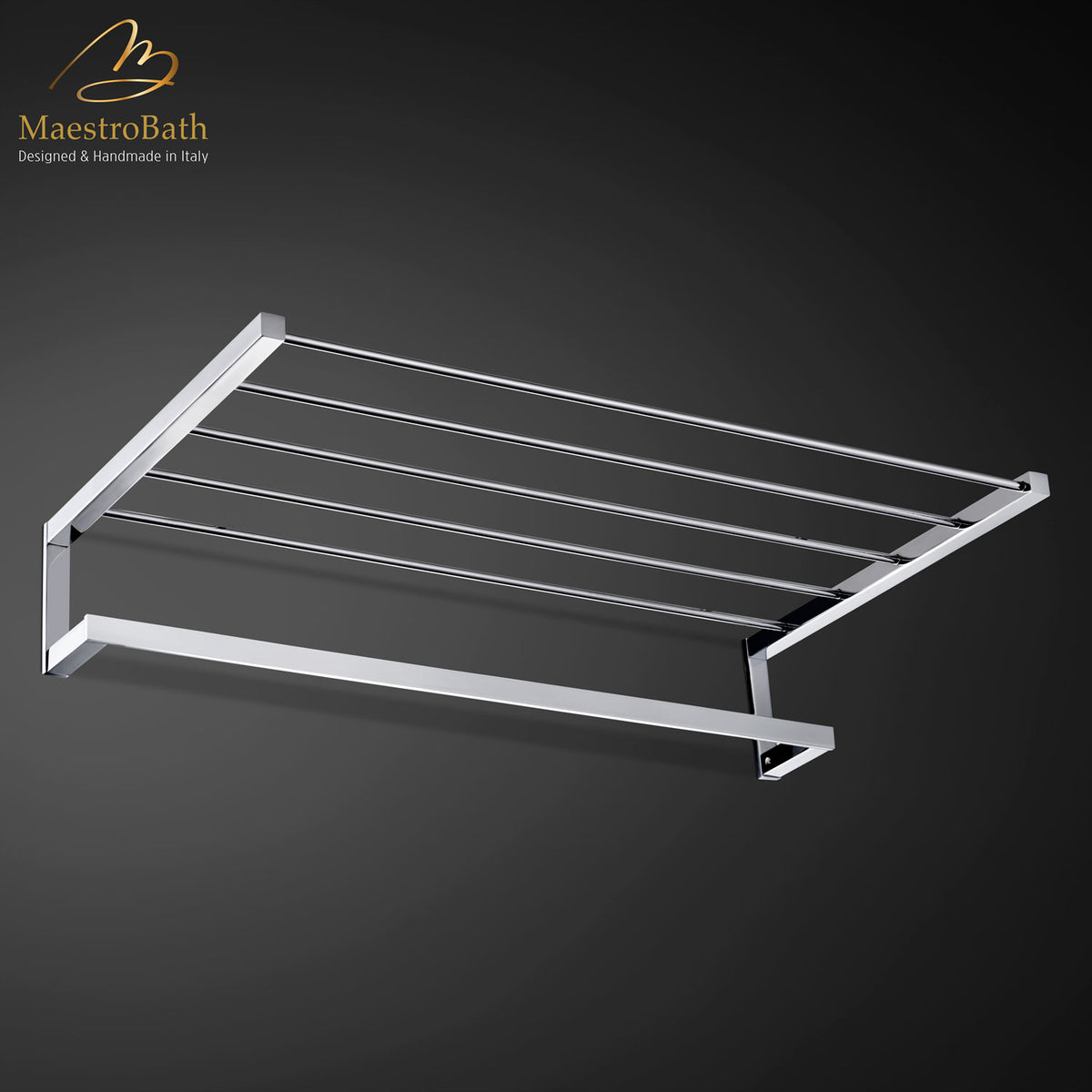 Wall mounted brass towel bar, shown in polished chrome, 19.6 inch long and 3.7 inch deep, made of solid brass