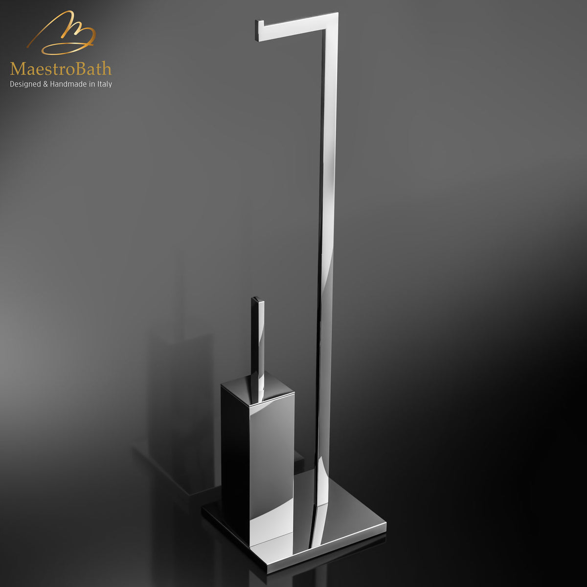 Brass freestanding towel stand, shown in polished chrome, 8.6 inch by 7.4 inch by 32.6 inch, made of solid brass