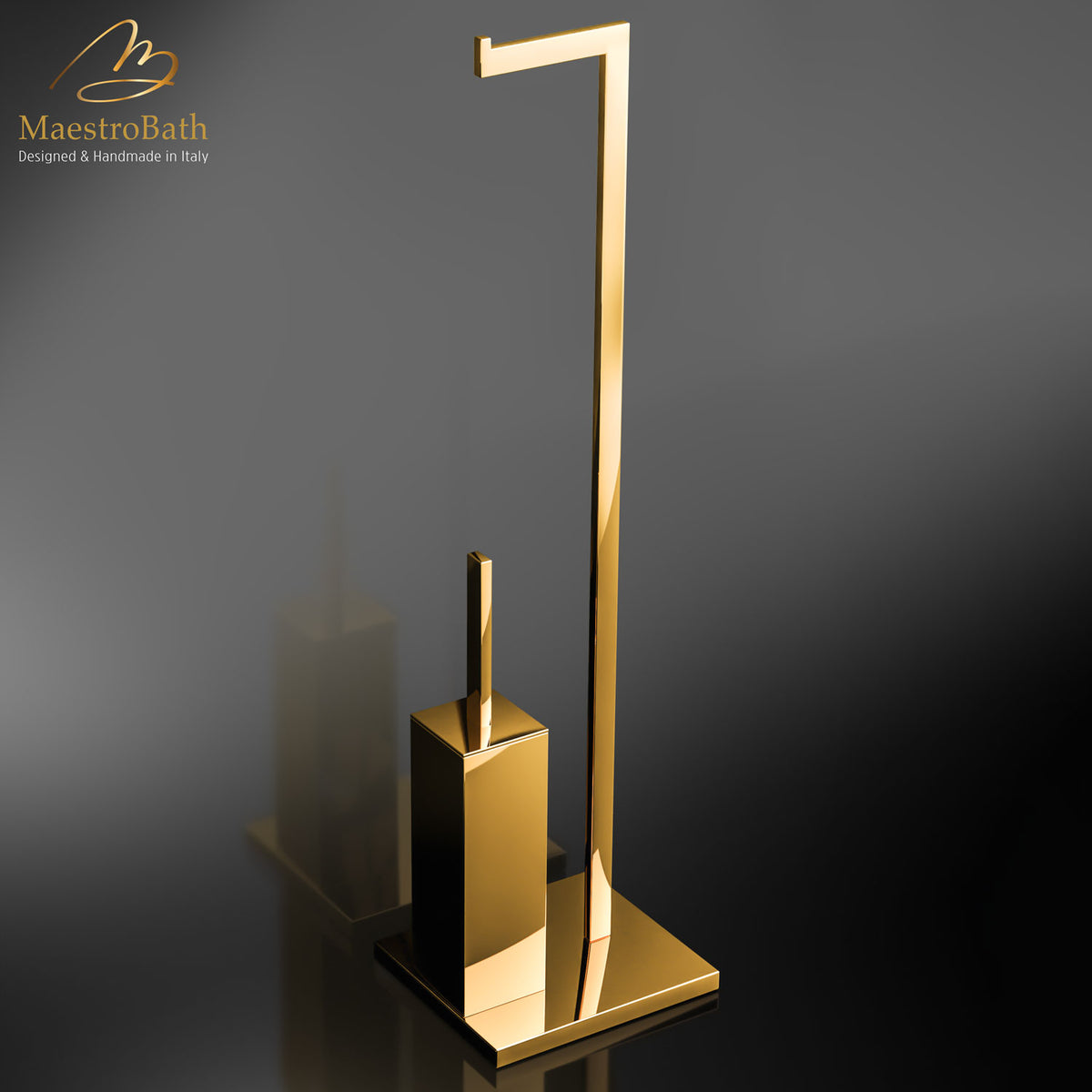 Brass freestanding towel stand, shown in polished gold, 8.6 inch by 7.4 inch by 32.6 inch, made of solid brass
