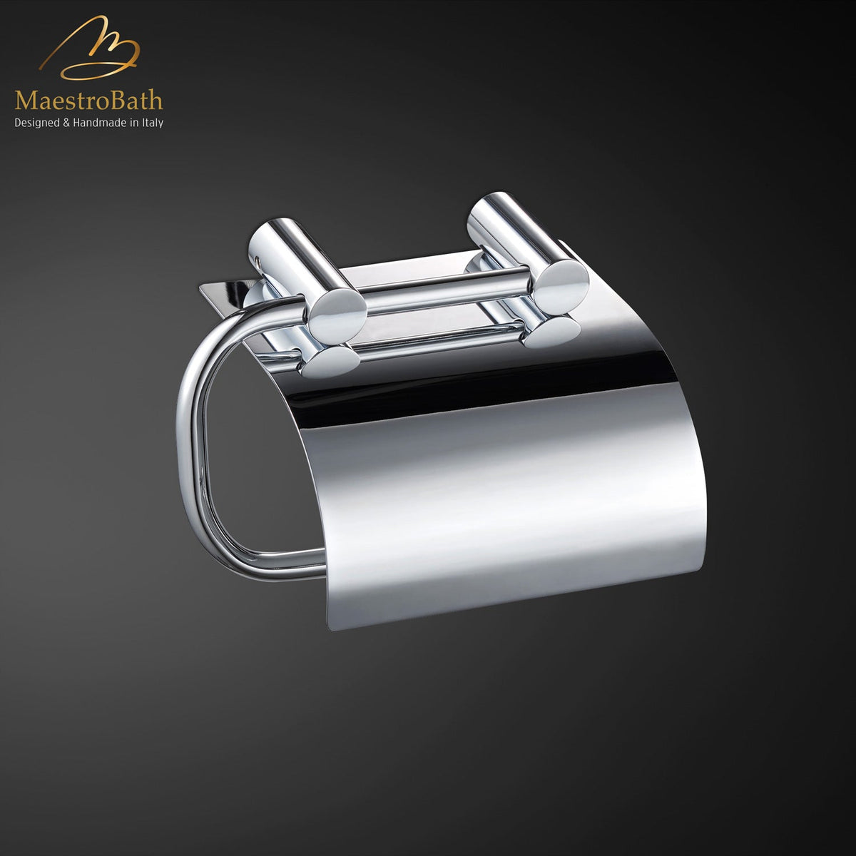 Wall mounted brass toilet paper holder, shown in polished chrome, 5.1 inch by 4 inch by 4.5 inch, made of solid brass