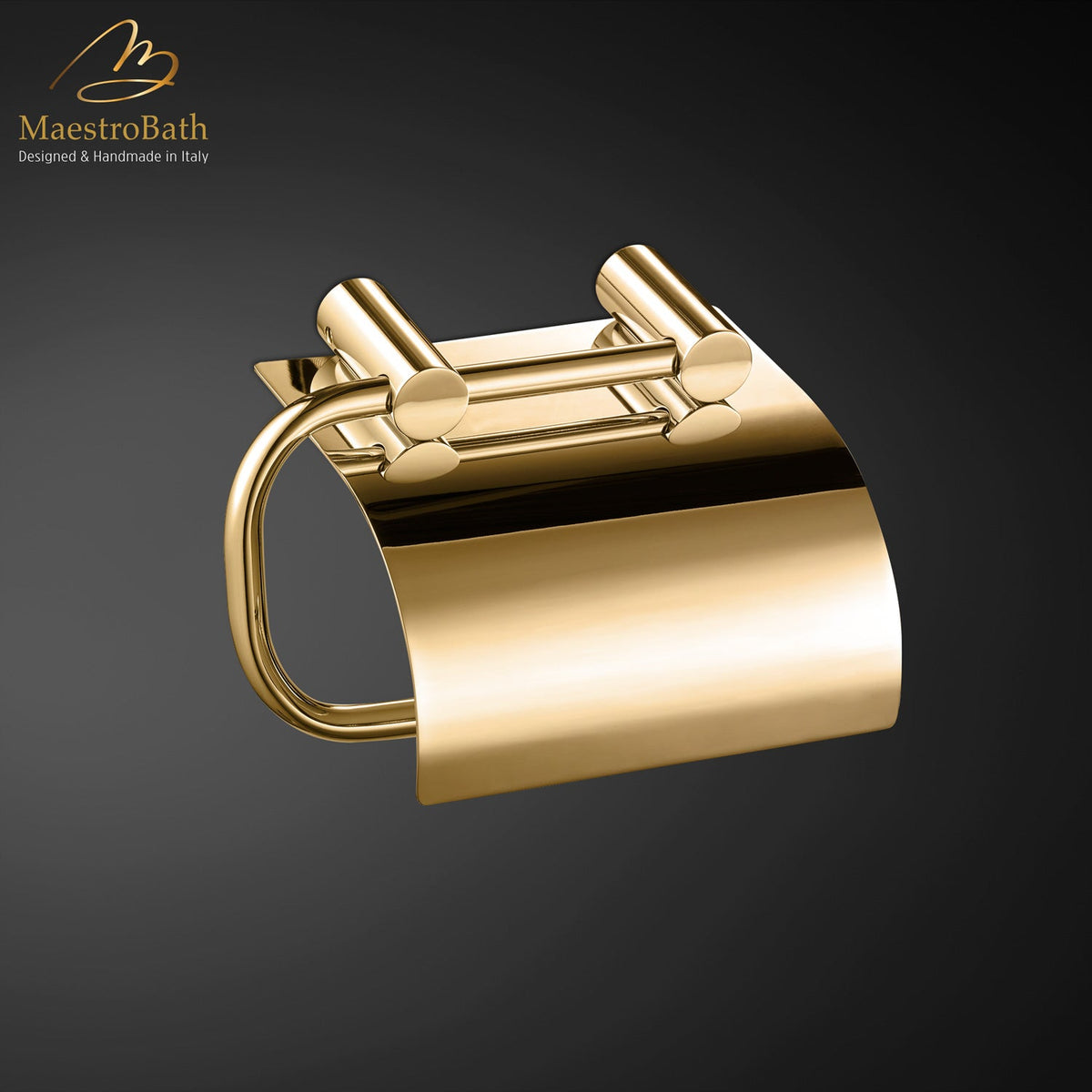 Wall mounted brass toilet paper holder, shown in polished gold, 5.1 inch by 4 inch by 4.5 inch, made of solid brass